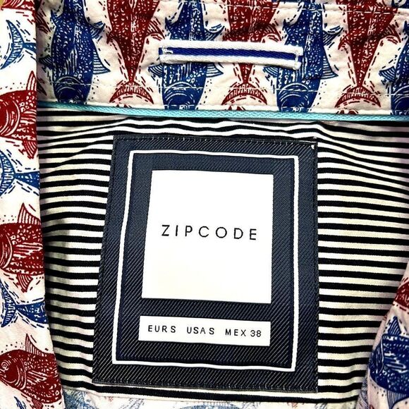 ZipCode S Red & Blue Fish Short Sleeve Button Down Shirt w Pocket for Summer Fun - Picture 3 of 11